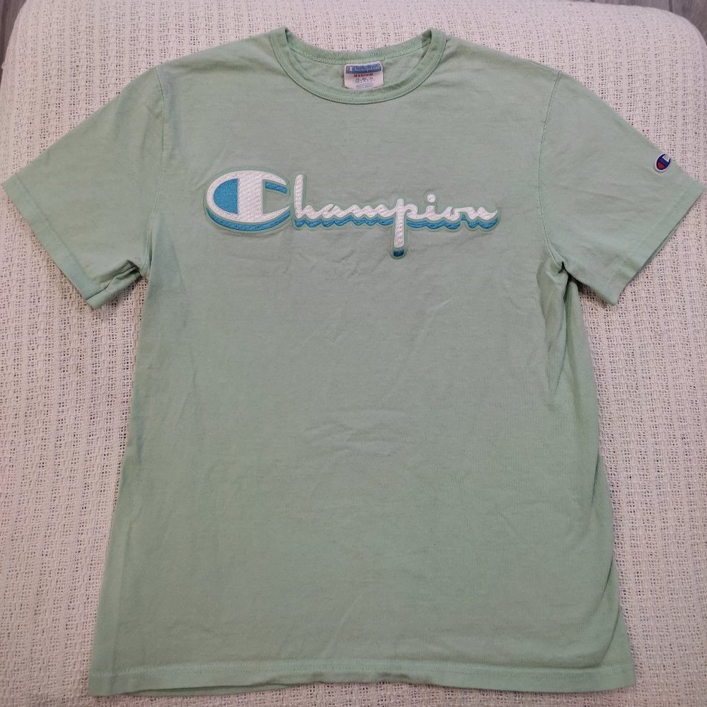 Champion Single Stitch Embroidered Spellout Green Medium T-Shirt 90s Vintage